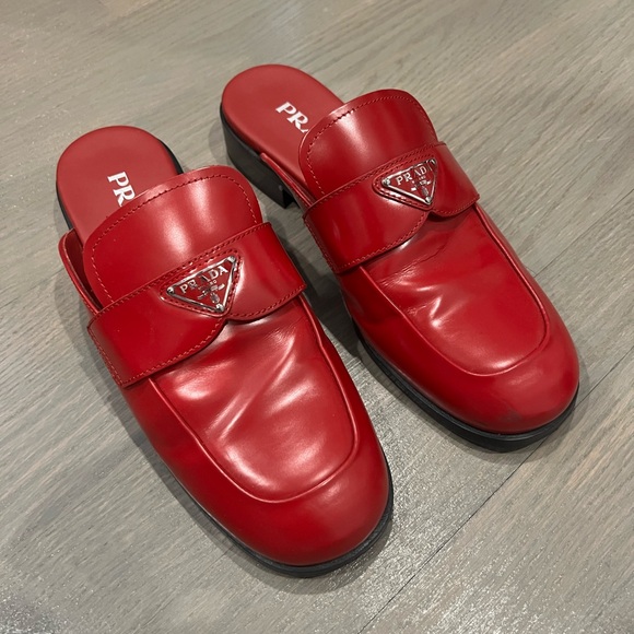 Prada Red Leather Square Toe Mule Loafers Size 38 - Picture 1 of 6